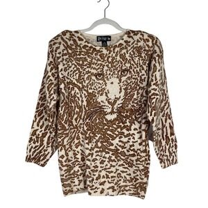 NEW Vintage Le‎ Chois Silk Angora Wool Animal Print Beaded Sweater Brown Size M
